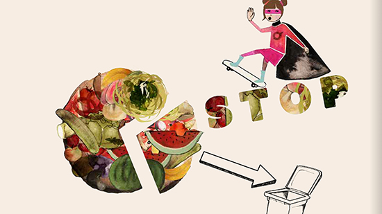 Illustration of a girl on a skateboard, the word stop and food going in to a bin
